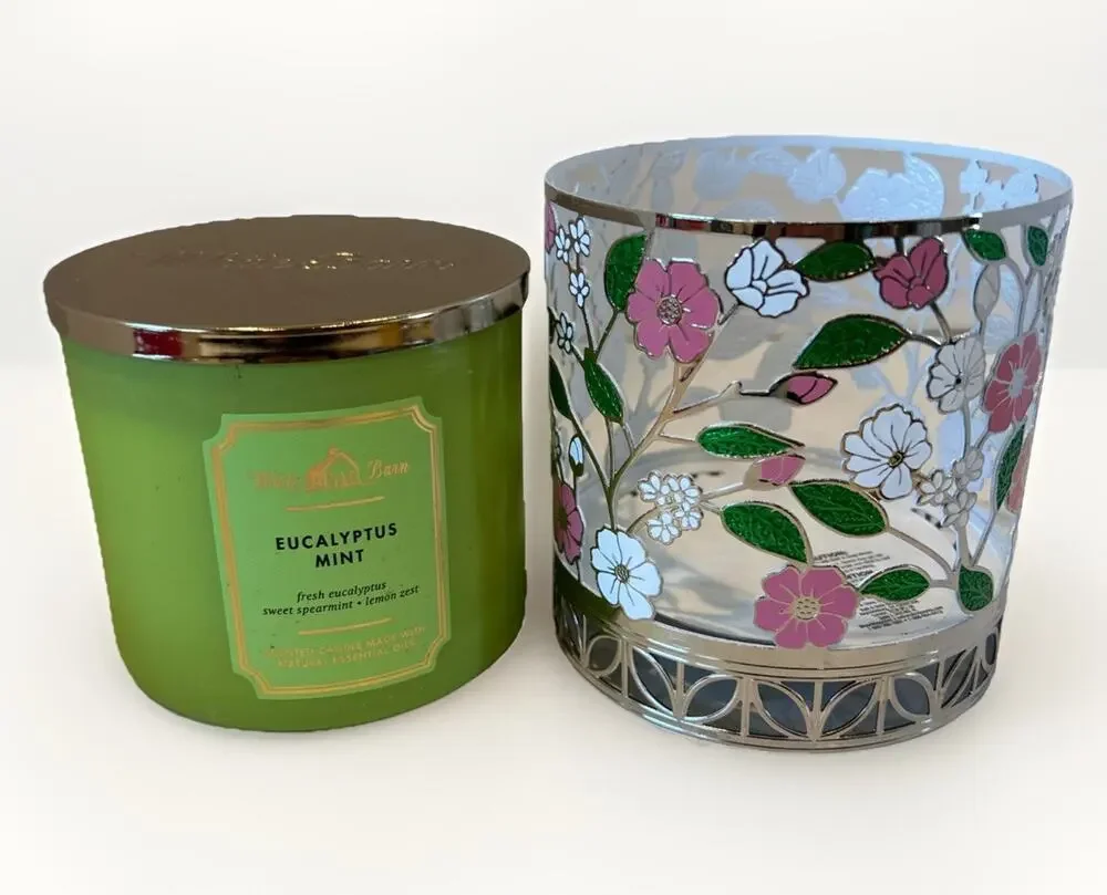 NEW BATH & BODY WORKS SPRING FLORAL TOSS 3-WICK CANDLE HOLDER SLEEVE And Candle